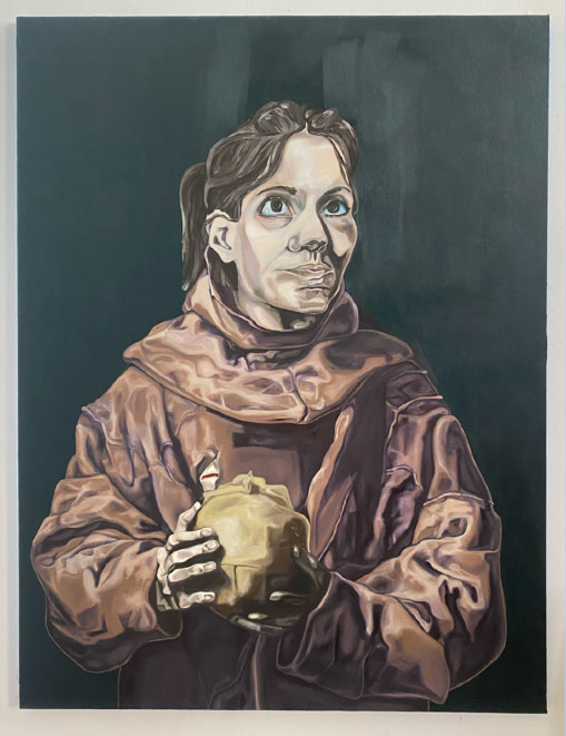 An oil painting depicting a woman in a monk's robe holding a brown bag