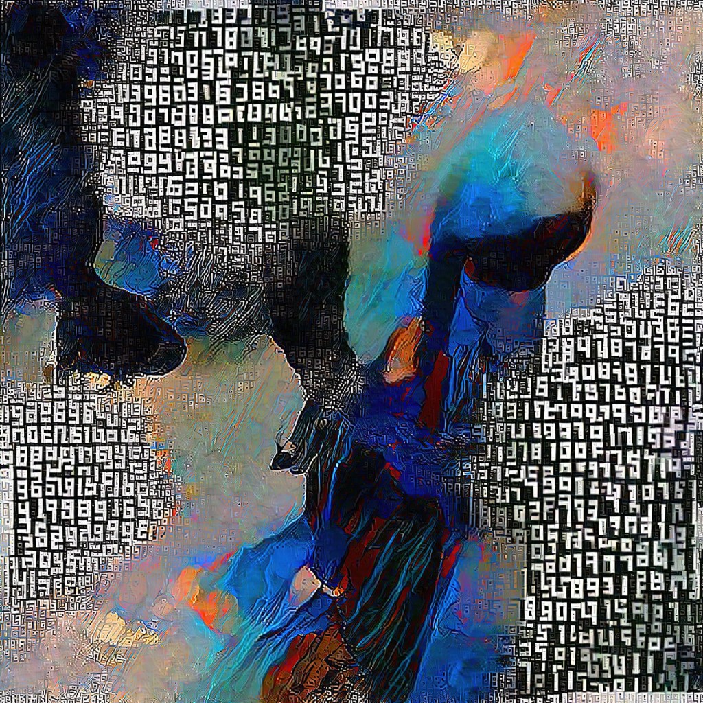 A painting with white characters on a black background and several multicolored abstract shapes