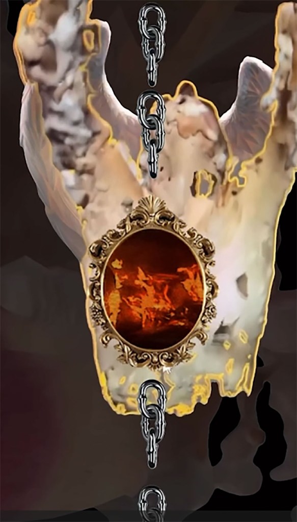 A vertical chain with a locket depicting fluid red shapes, in front of a indistinct neutral background